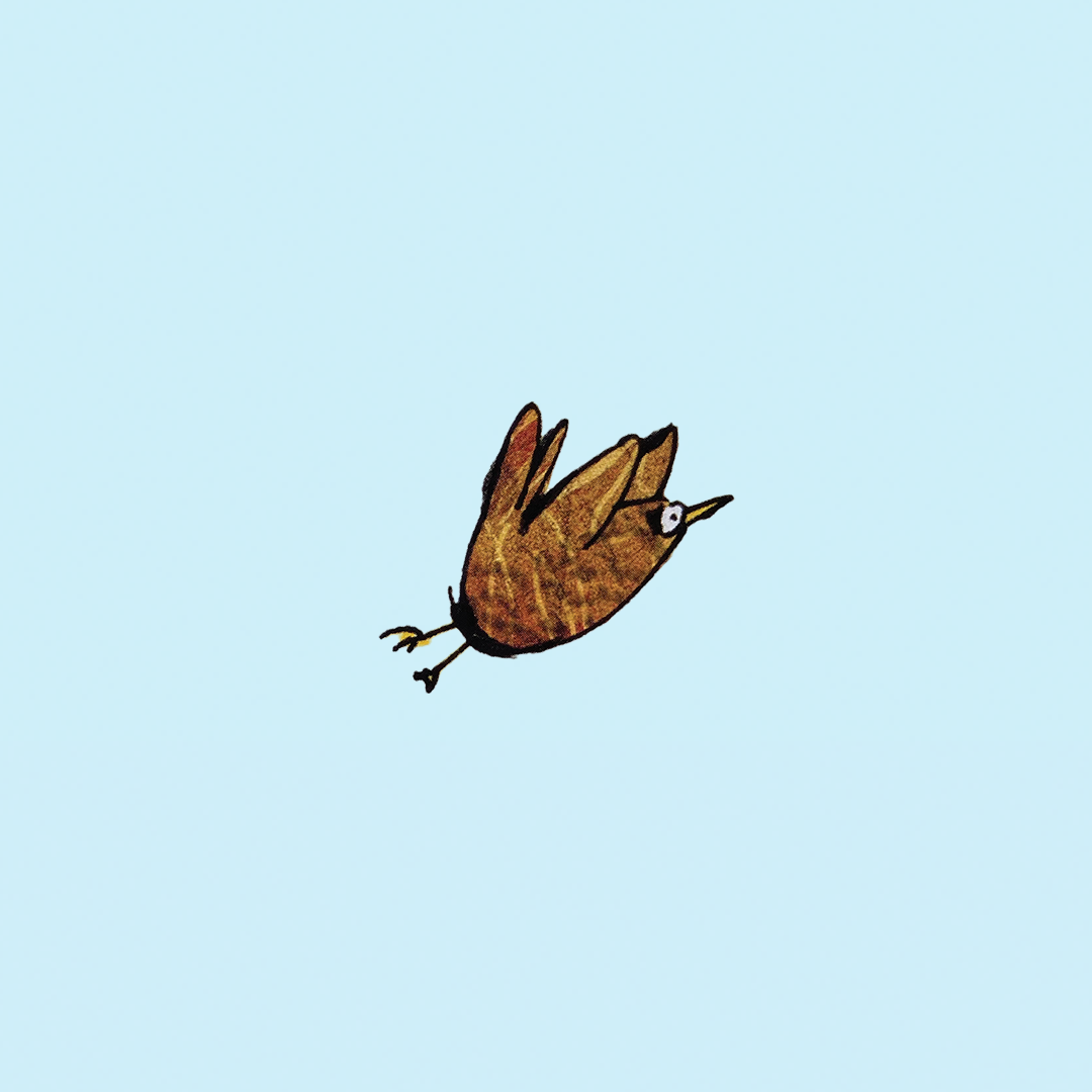 A cartoon illustration of a bird flying against a pale blue sky, with brown feathers and a small, pointed beak.