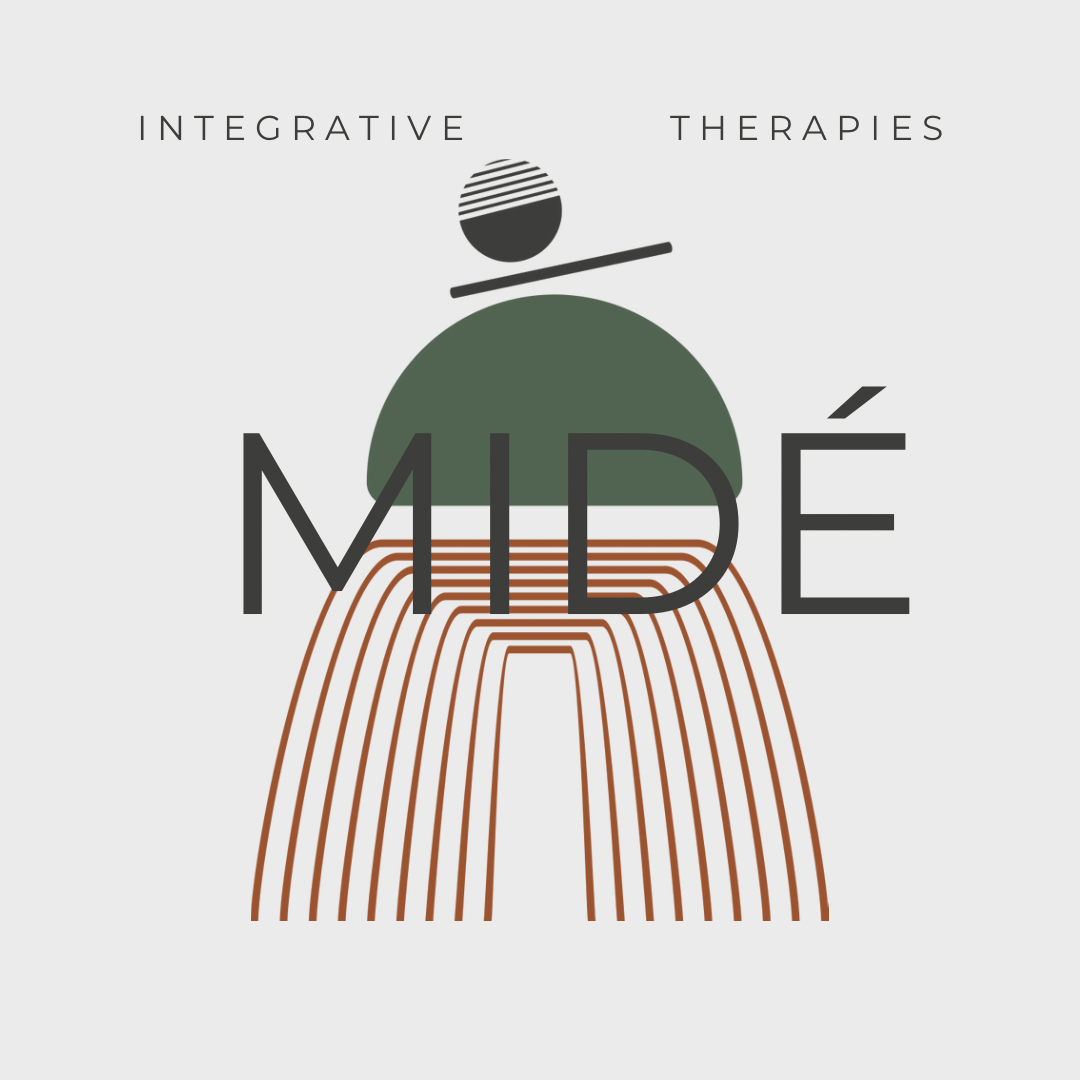 Minimalist illustration with abstract human figure and text reading 'Integrative Therapies' and 'MIDE' in large font.