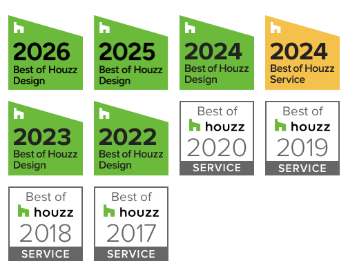 Collection of awards for Best of Houzz in design and service from 2017 to 2026, with the years prominently displayed and color-coded awards.