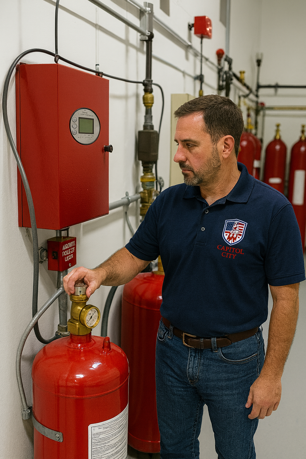 Fire suppression technician inspecting clean agent system and control equipment – Baton Rouge commercial facility