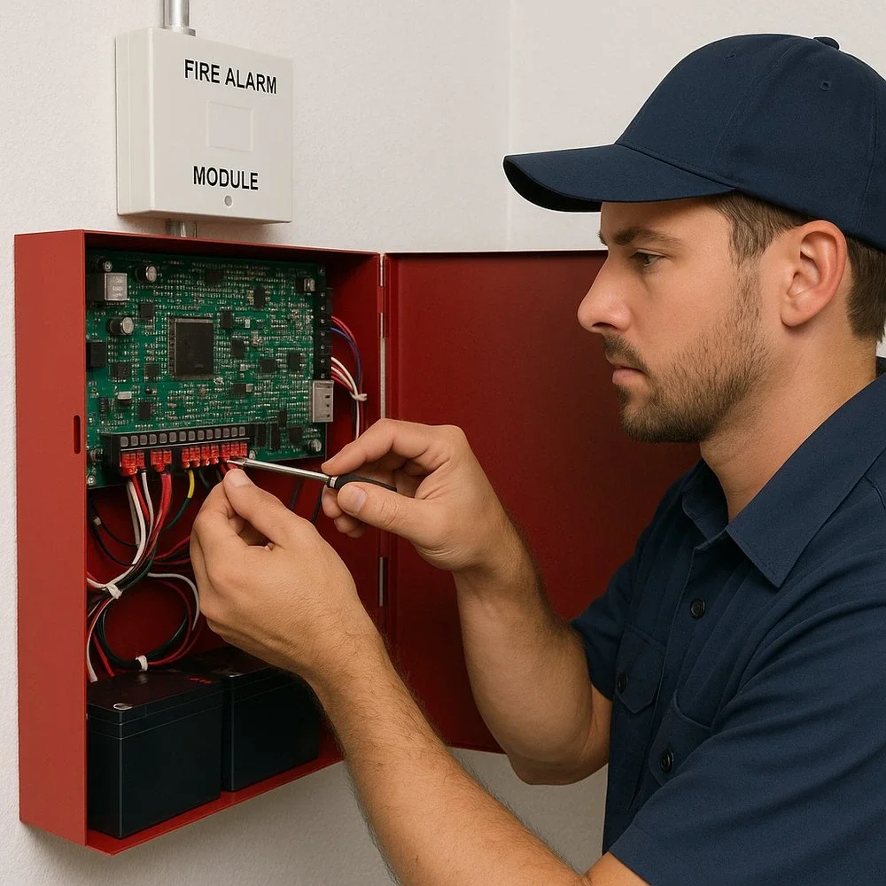 Fire Alarm Technician working on a panel - Capitol City Fire Protection