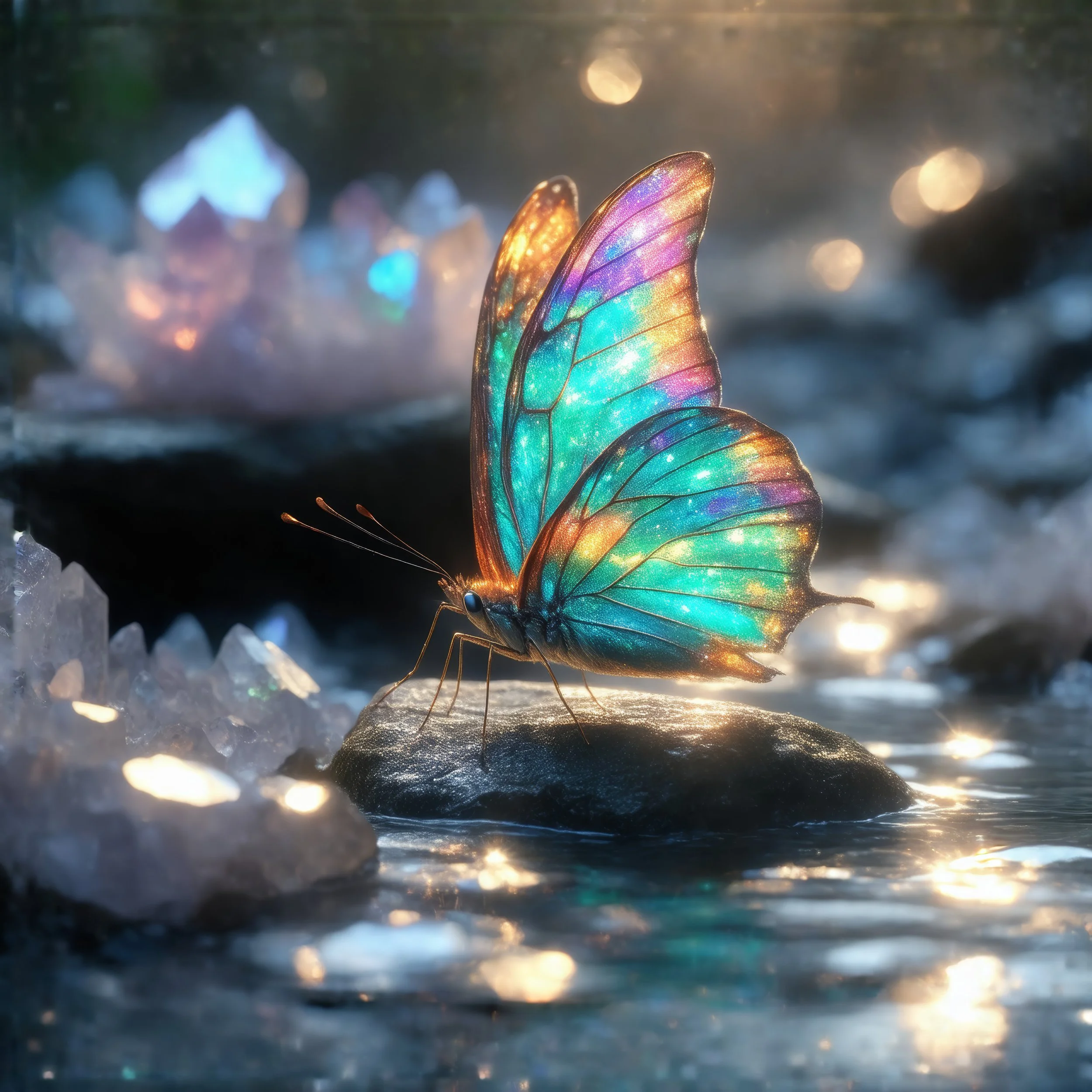 Heal by crystals: Colorful butterfly resting on a rock in a stream with sparkling water and blurred background.