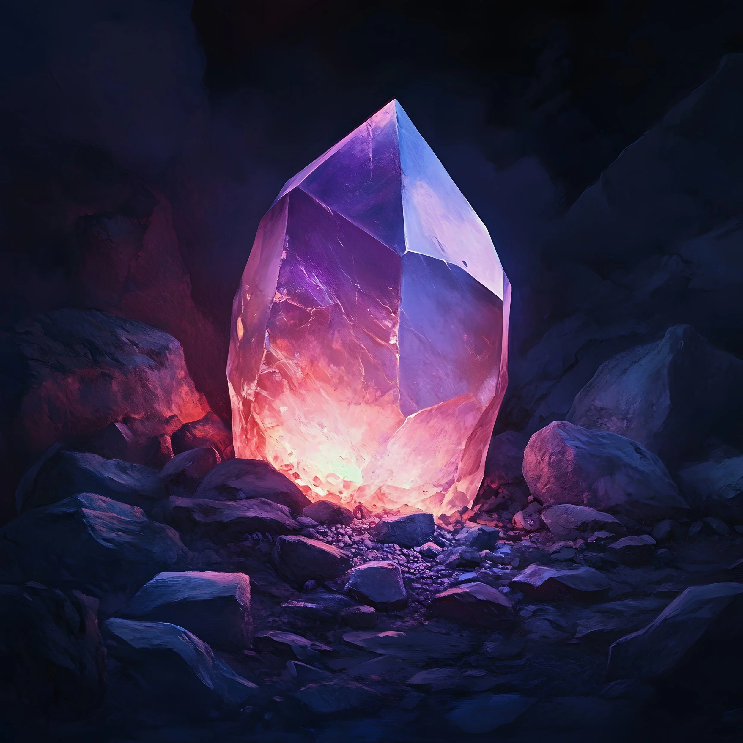 Heal by crystals: A glowing pink and purple crystal in a dark, rocky environment