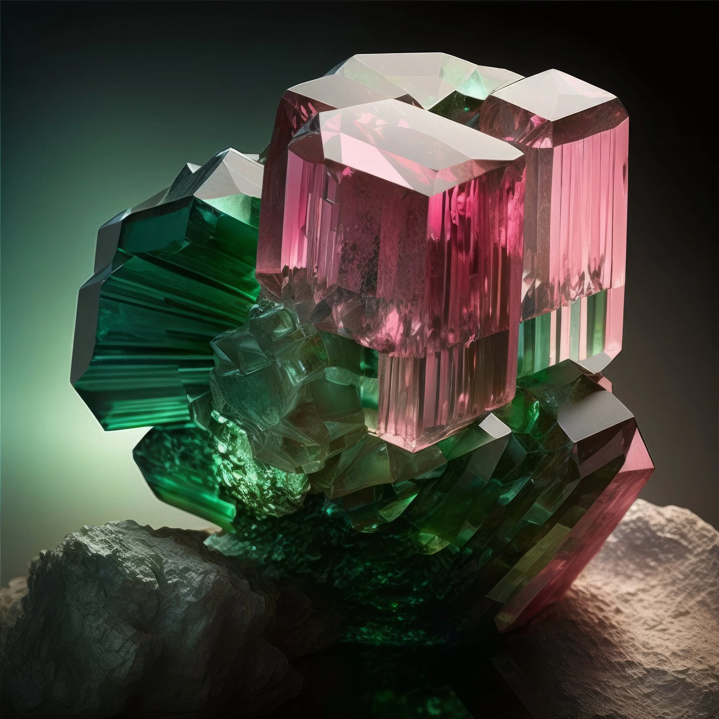 Heal by crystals:Colorful mineral crystals, pink and green, arranged on rocks with dramatic lighting.