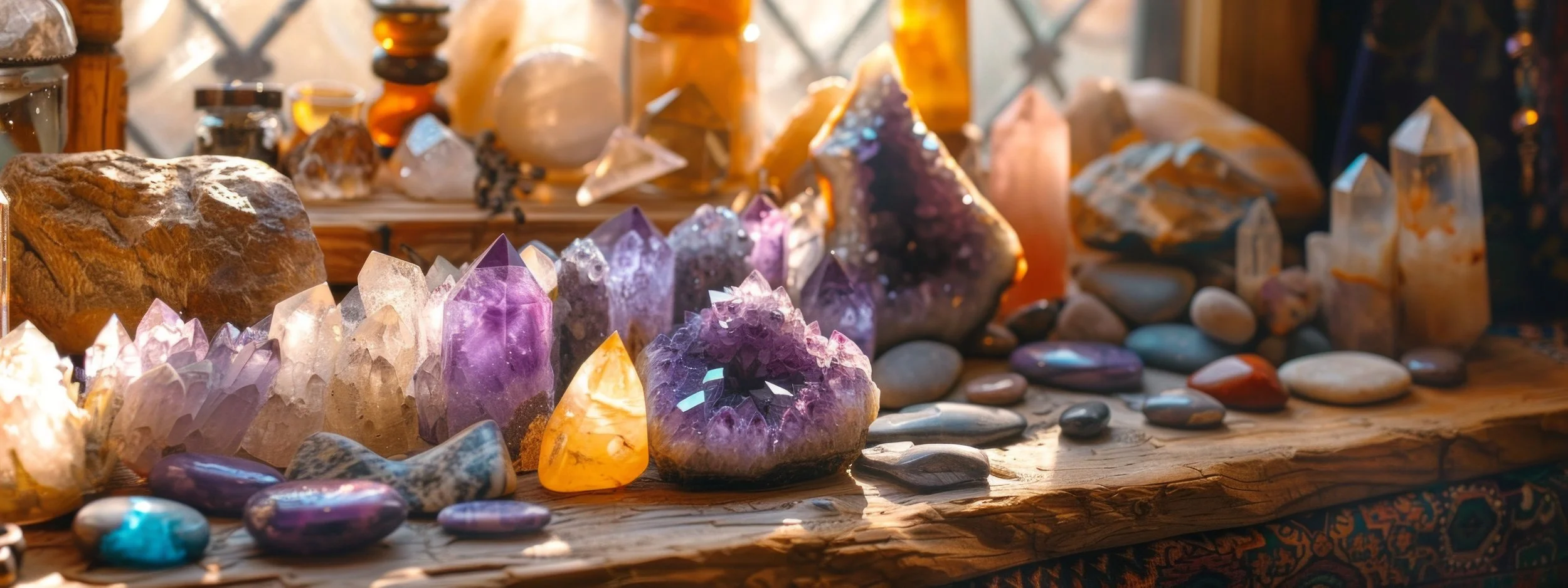 Heal by crystals: A display of various colorful crystals and stones on a wooden surface with sunlight shining through them.