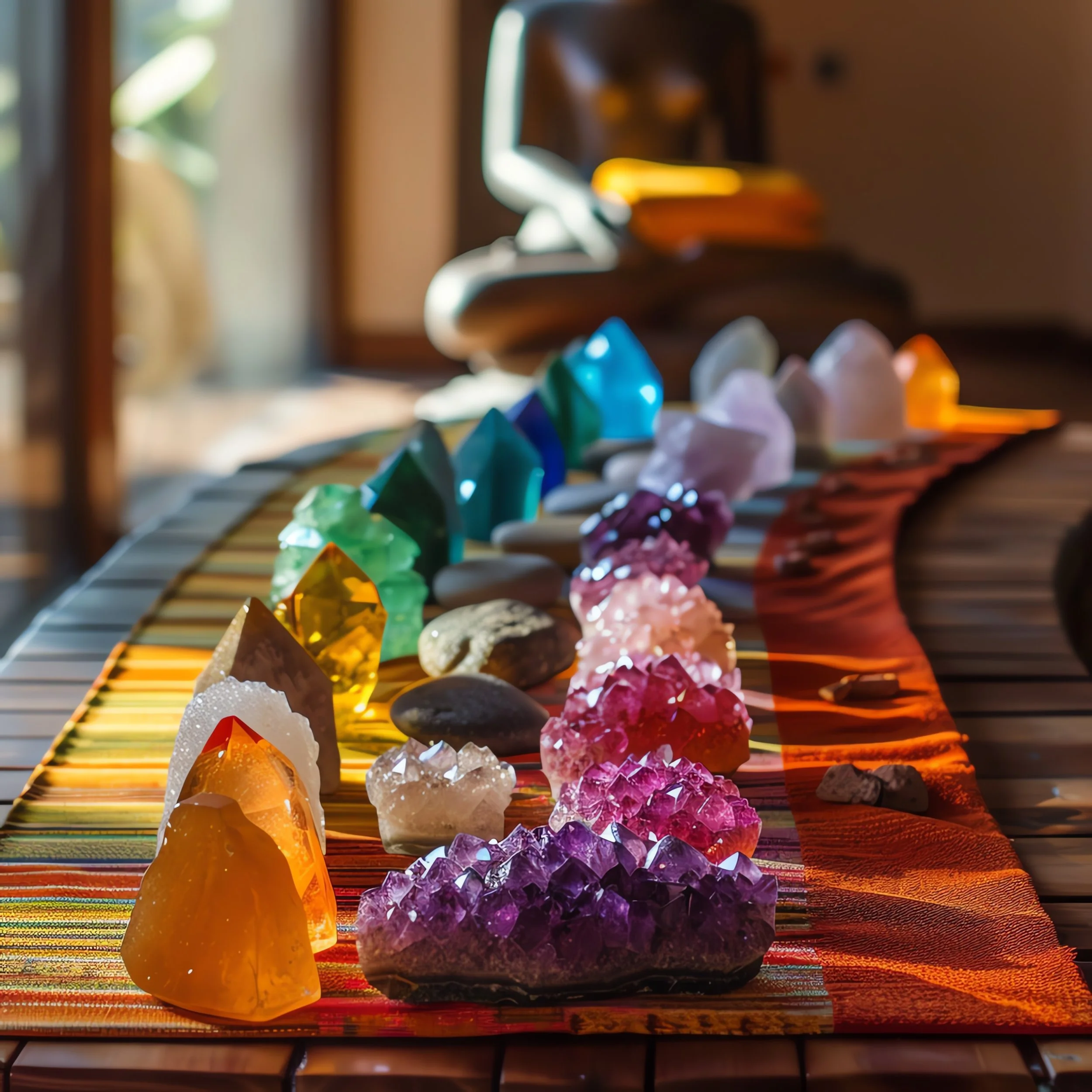Heal by crystals: A collection of colorful gemstones and crystals arranged on a woven table runner with a blurred background of a wooden chair and sunlight.