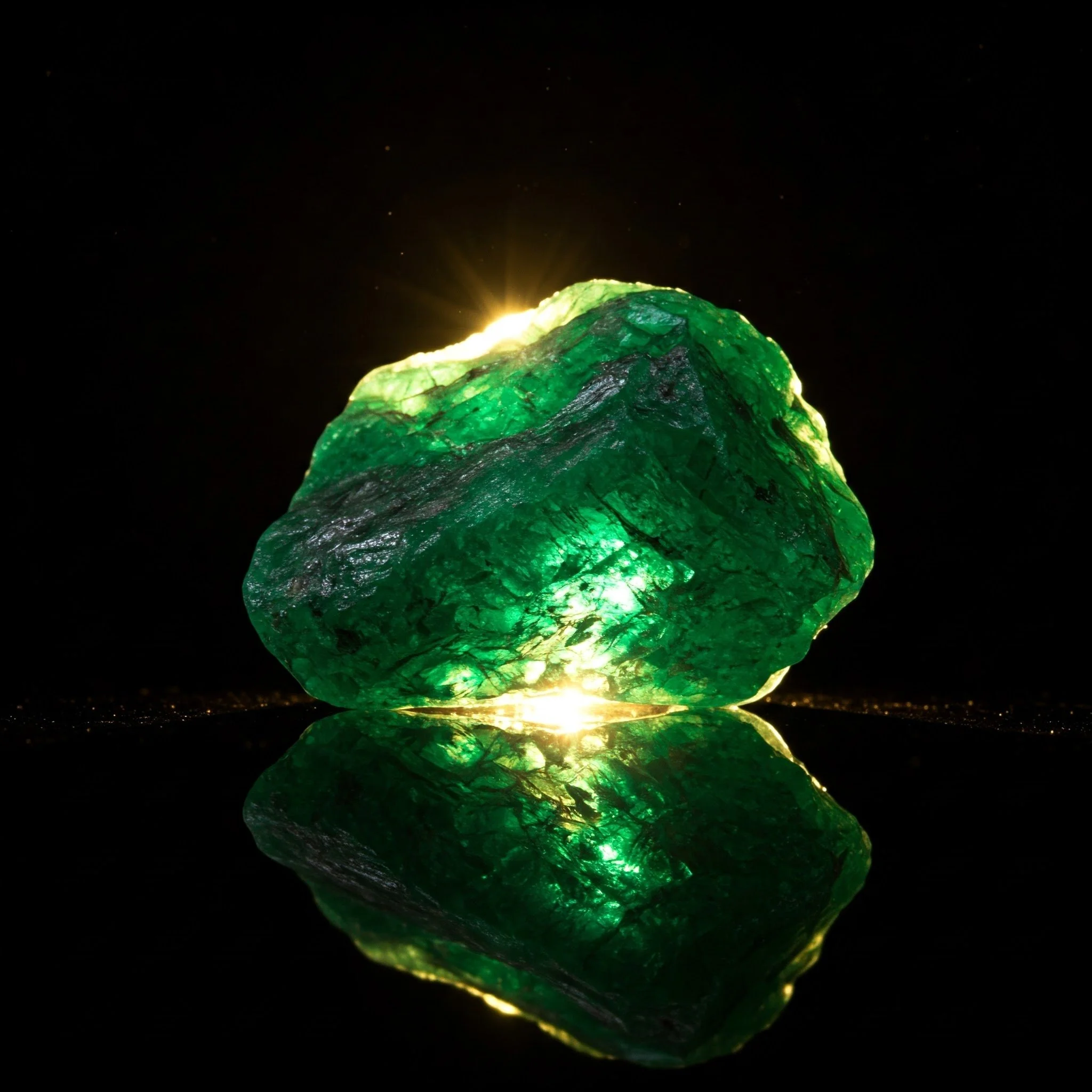 Heal by crystals: Green gemstone with light shining through it, reflecting on a black surface