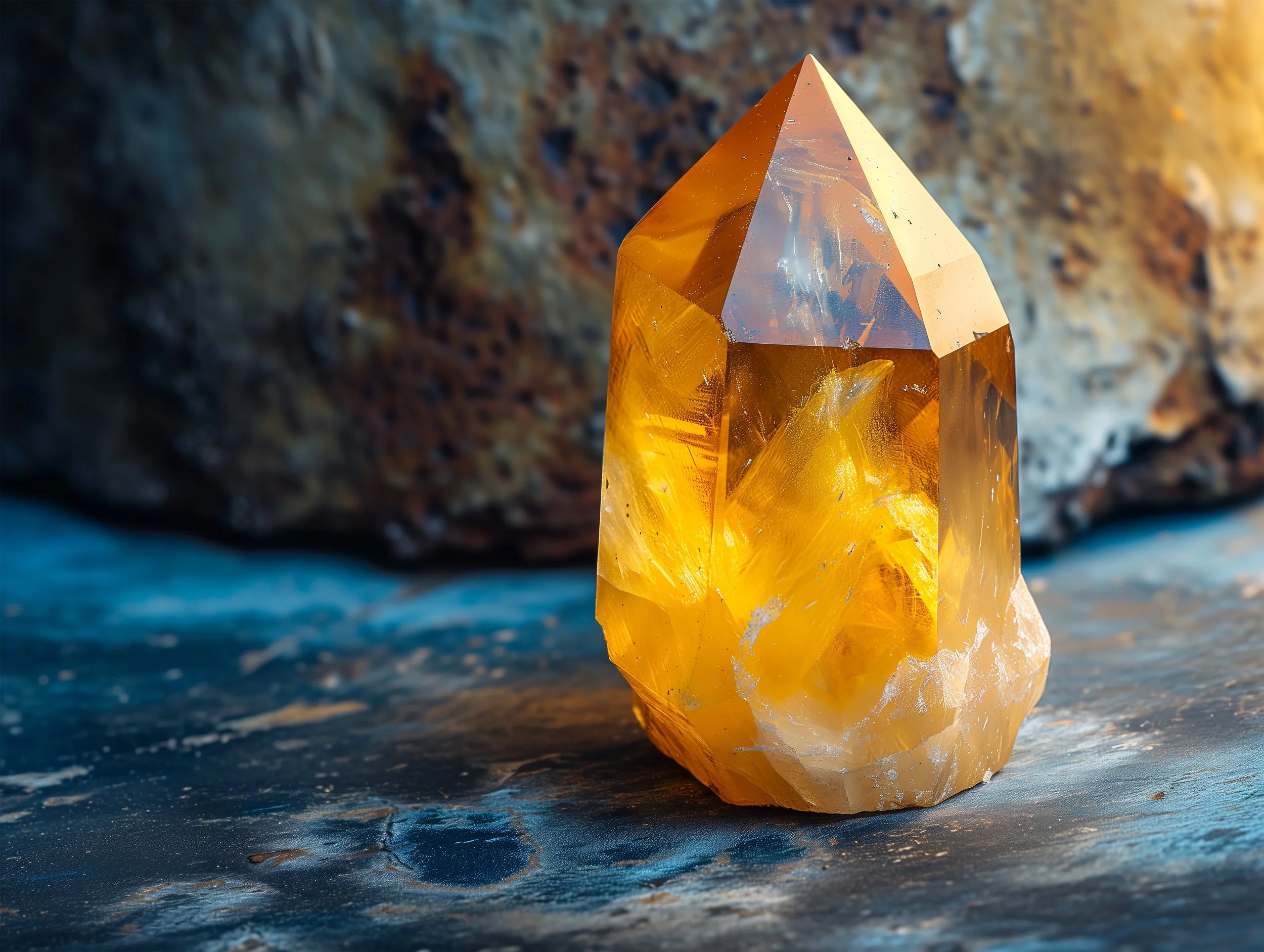 Heal by crystals: Close-up of a large yellow-orange crystal with a pointed top, placed on a textured surface with a rock in the background.