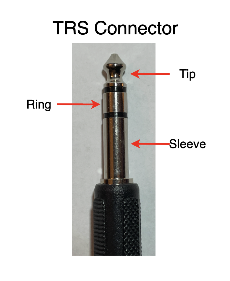 Close-up of a TRS audio connector with labels pointing to its tip, ring, and sleeve, and a black handle at the bottom.