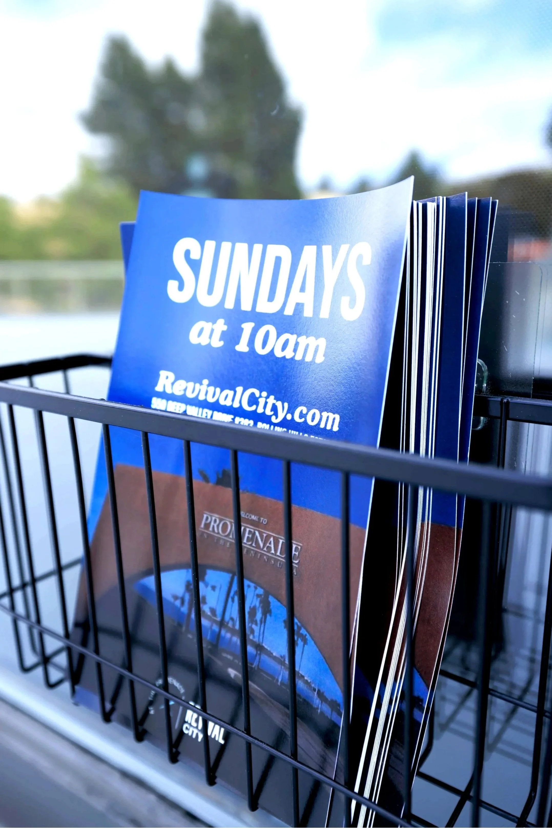 A stack of blue flyers in a black wire basket, advertising Sunday church services at 10 am for RevivalCity.com, with a background of blurred trees and sky.