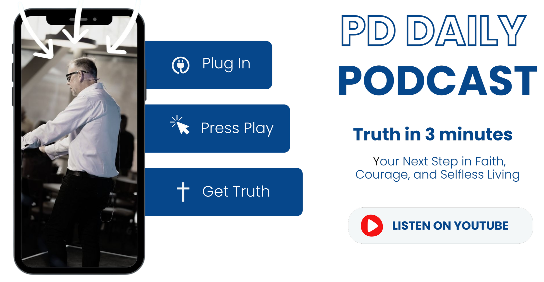 Promotion graphic for the PD Daily Podcast featuring a photo of a man wearing glasses and a white shirt, standing and listening with earphones, alongside clickable buttons labeled 'Plug In', 'Press Play', and 'Get Truth'. The text highlights the podcast's focus on truth in faith, courage, and selfless living, with a call to listen on YouTube.