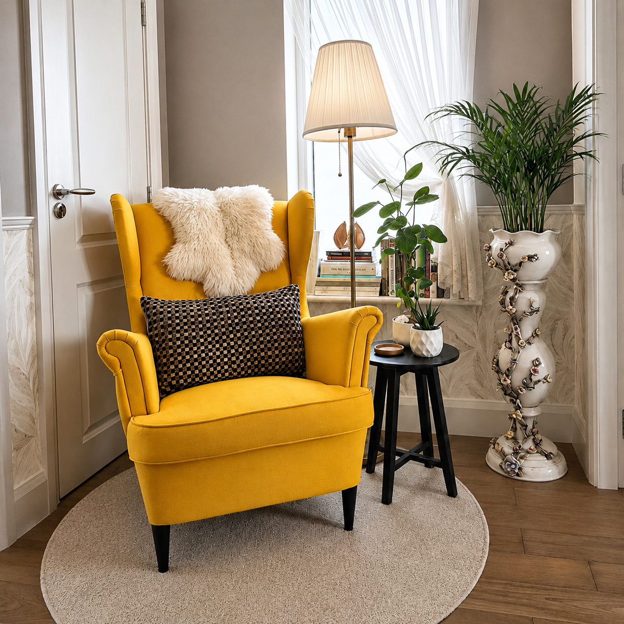 reading snug with yellow arm chair, lamp shade and plants
