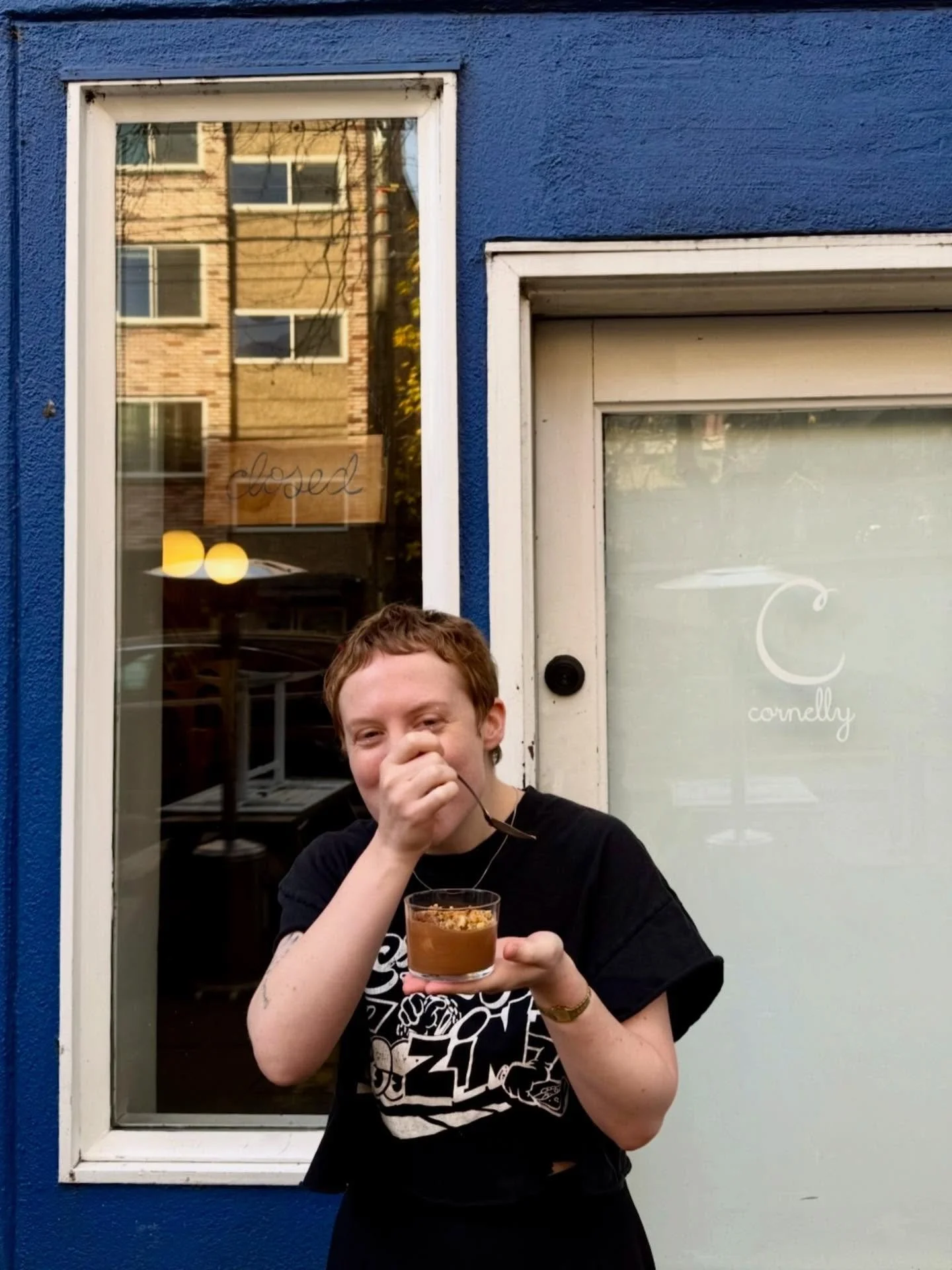 Maggie feeling cheery with the Chocolate Mousse 🍫 caramel hazelnuts, orange &amp; brown butter shortbread, olive oil. Decadent and silky smooth, perfect flavors for this holiday week!! 

On the menu at Capitol Hill! 

#treats #chocolatemousse #seatt