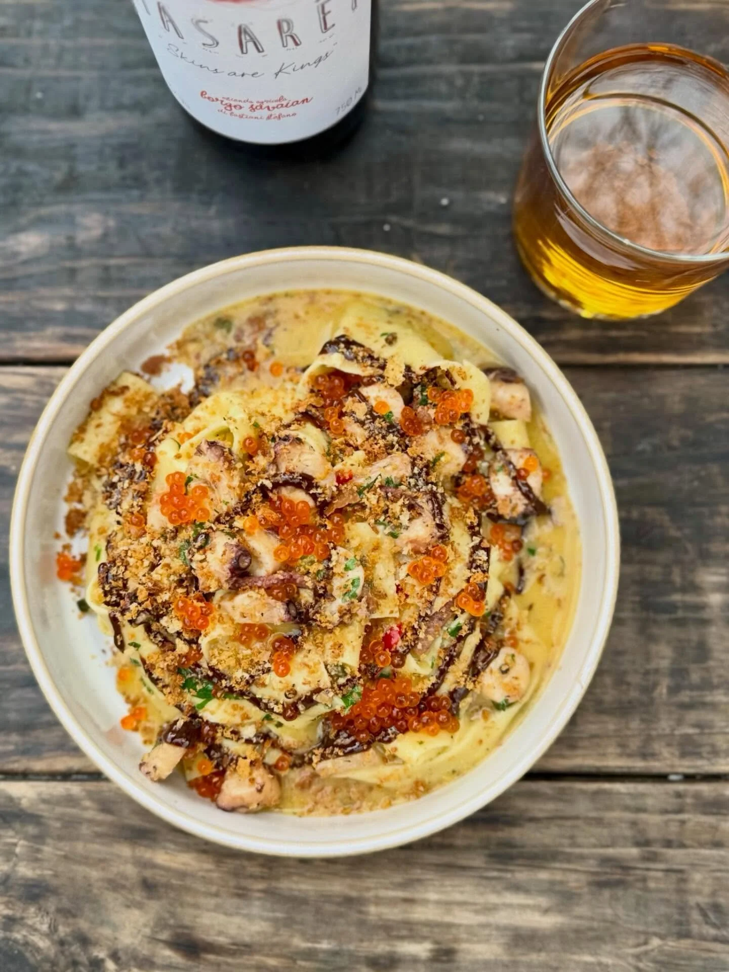 Pasta special in Capitol Hill this weekend! Pappardelle 🐙 Smoked octopus bacon, leek butter, Calabrian chili, black garlic saba, breadcrumb, smoked trout roe. 

Pretty perfect with this delectable Friulano orange wine if you&rsquo;re looking for a c