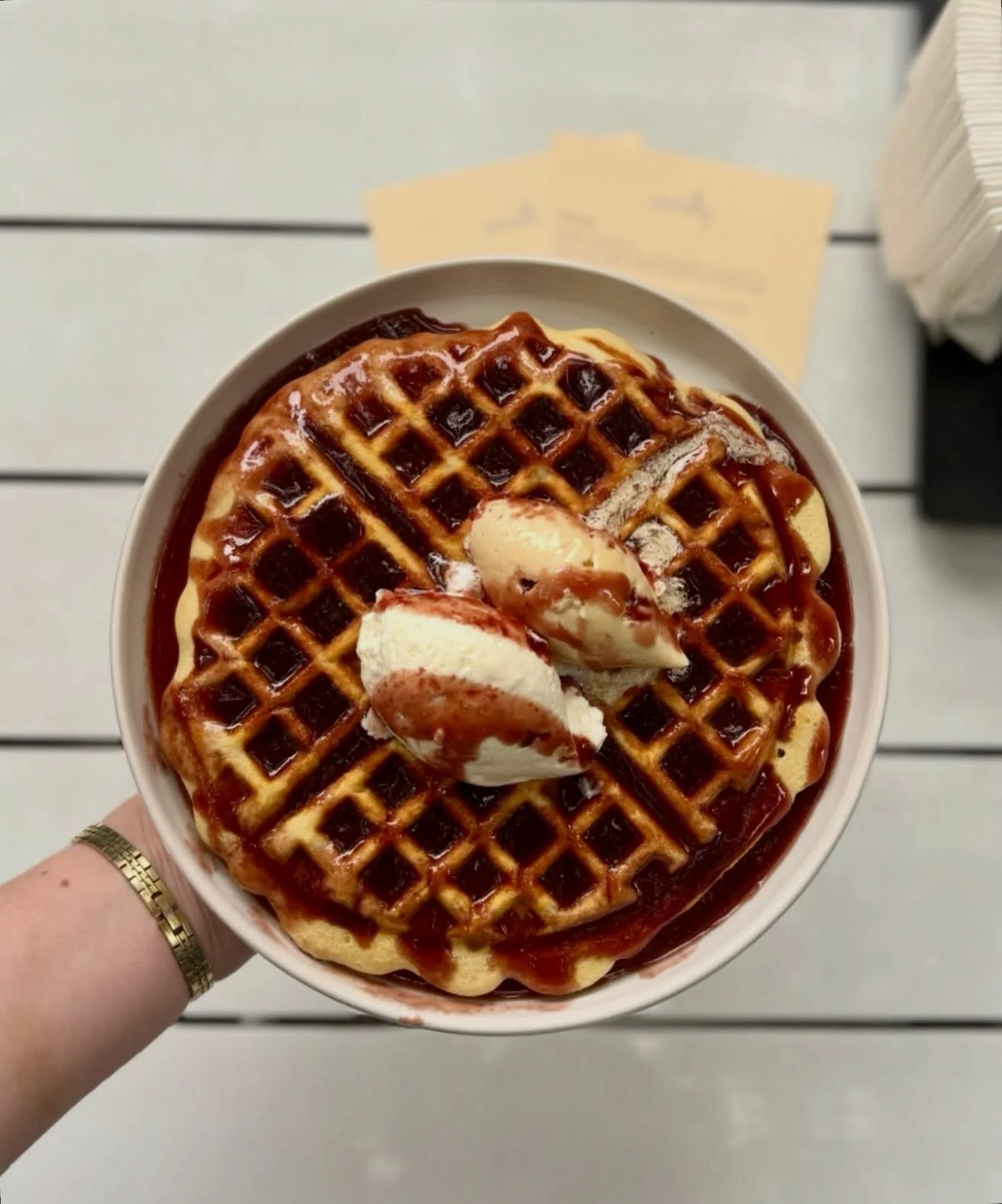 Semolina Waffle ✨ maple butter, salted whip, saba grape syrup. Big brunch favorite on Summit Ave! 

Regular hours today 7/5 at both locations and CLOSED on Monday 7/6. Doors open at 9a for your breakfast fix 😘 take-out available, link in bio to orde