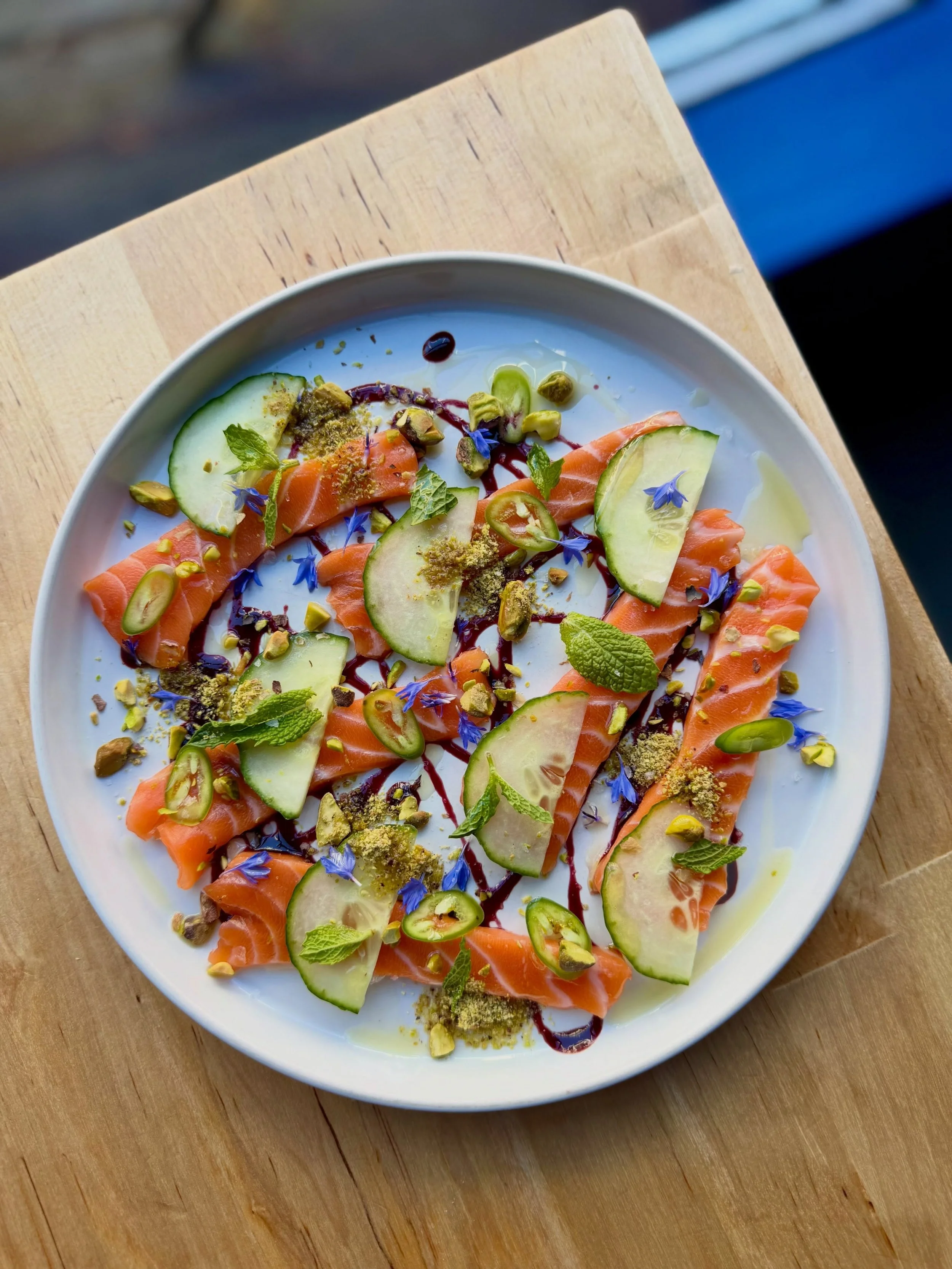 A moment for last weekends specials🎣 Crudo x2!!!

Salmon Belly on Queen Anne Ave &mdash; cherry gastrique, serrano, cucumber, mint, pistachio 

Halibut on Summit Ave &mdash; sungold &amp; lime acqua pazza, apricot mostarda, fried crispy crunchies

S