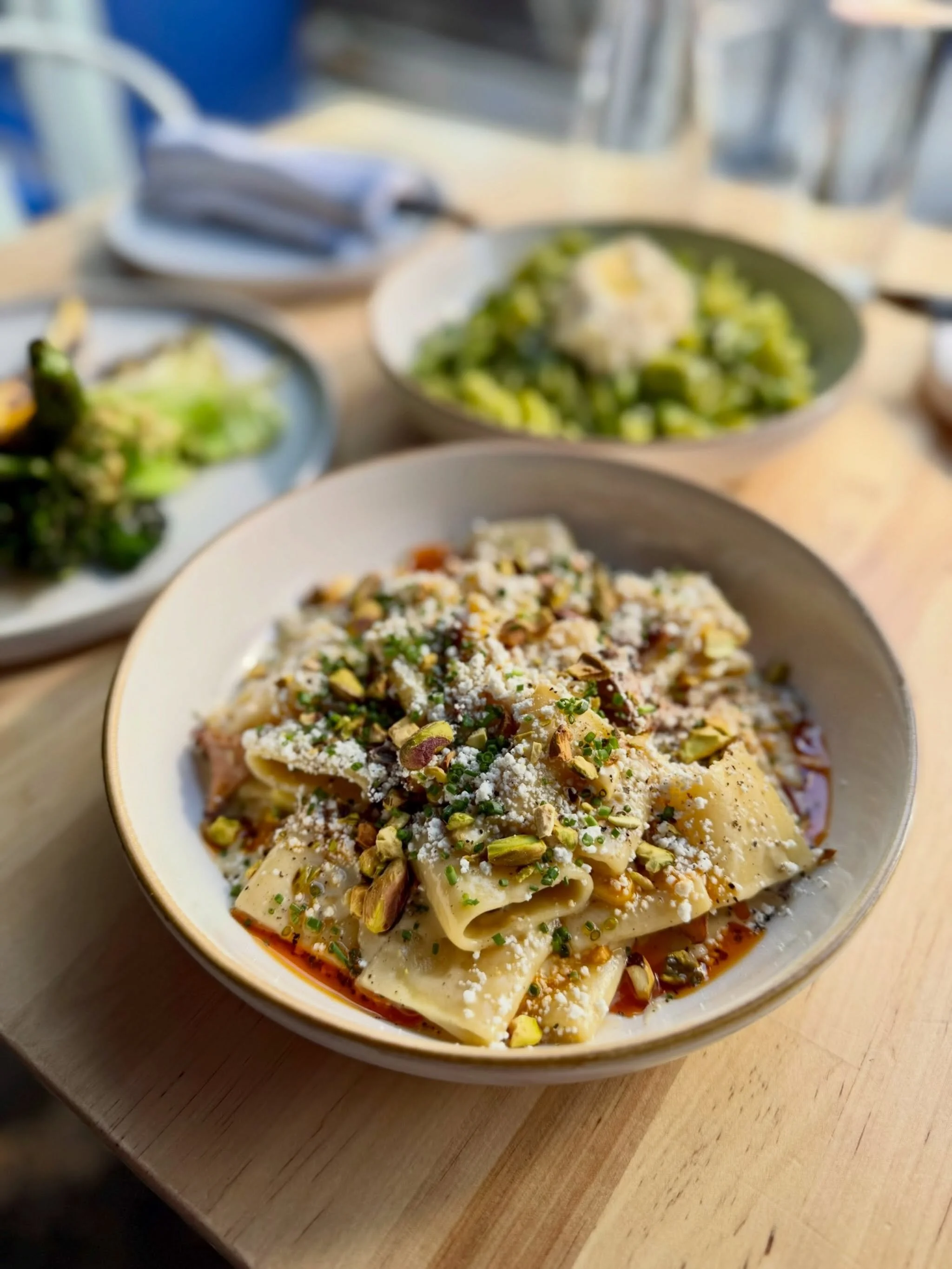 Paccheri 🌻 chanterelles, corn cream, ricotta salata, pistachio, chili oil. On the menu in Queen Anne! 

#paccheri #seattlepasta #seattlerestaurants #queenanneseattle
