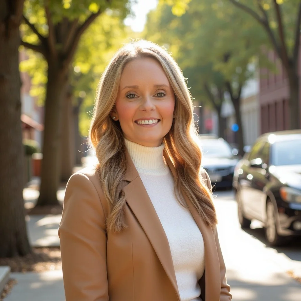 A young woman with long wavy blonde hair smiling outdoors on a sunny day, wearing a beige blazer and a white turtleneck sweater, standing on a sidewalk lined with trees and parked cars.
