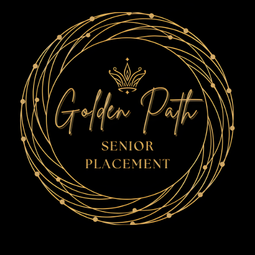Golden Path Senior Placement logo with a crown and circular gold lines on a black background.