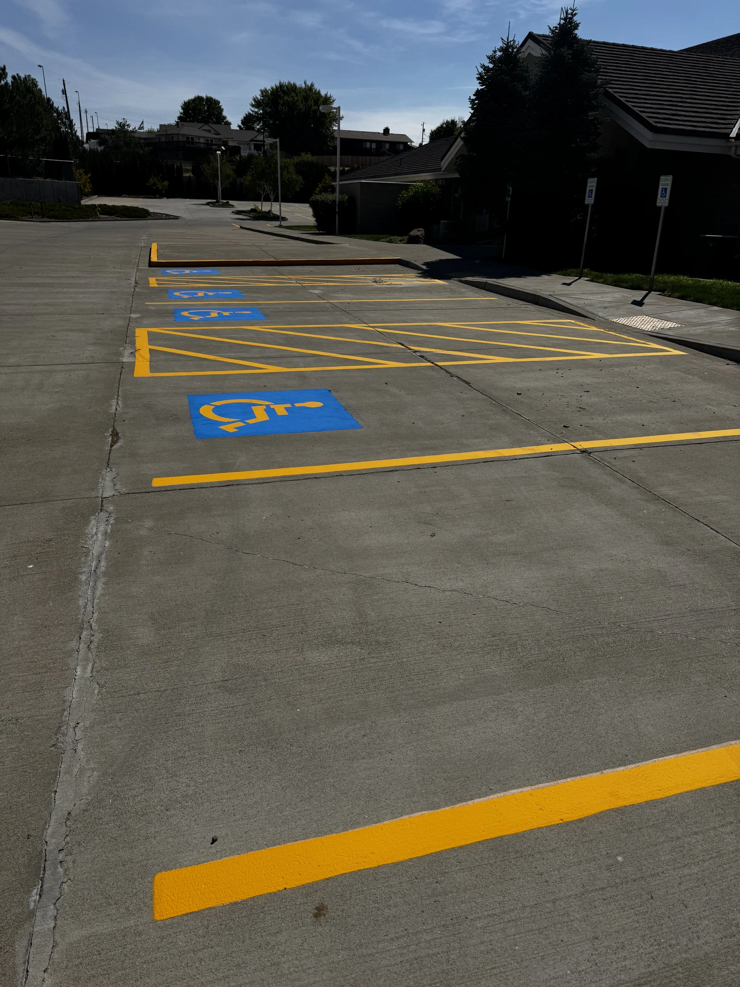 Parking spaces designated for handicapped with blue paint and wheelchair symbols, separated by yellow lines, in an empty parking lot under a clear sky.