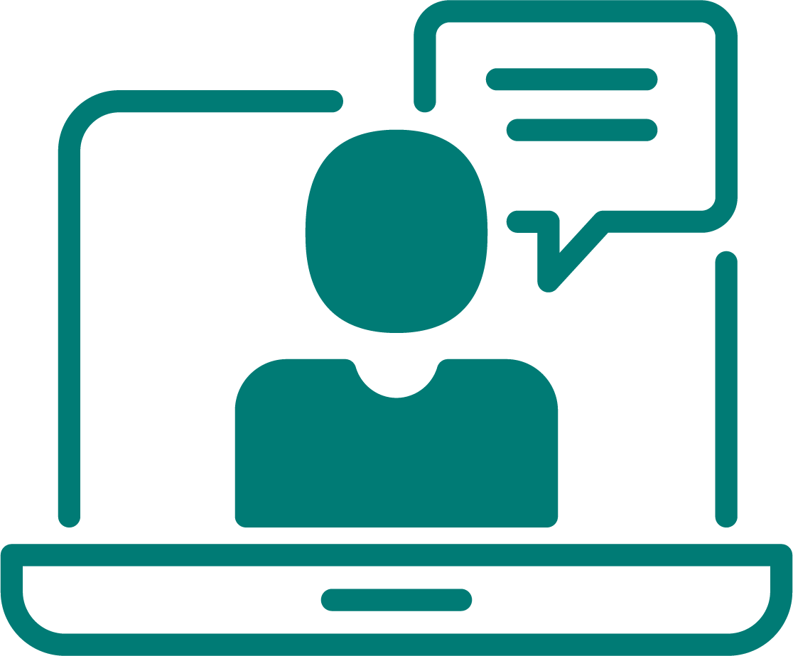 Icon of a person on a computer screen with a speech bubble next to the head