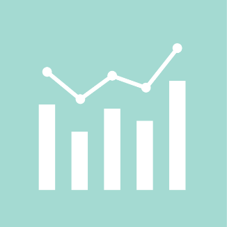 Bar chart with five bars and a line graph overlay showing data trends against a light blue background.