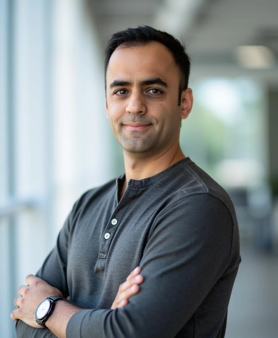 Headshot of a confident man with crossed arms, wearing a dark shirt, in a bright indoor setting with large windows in the background.