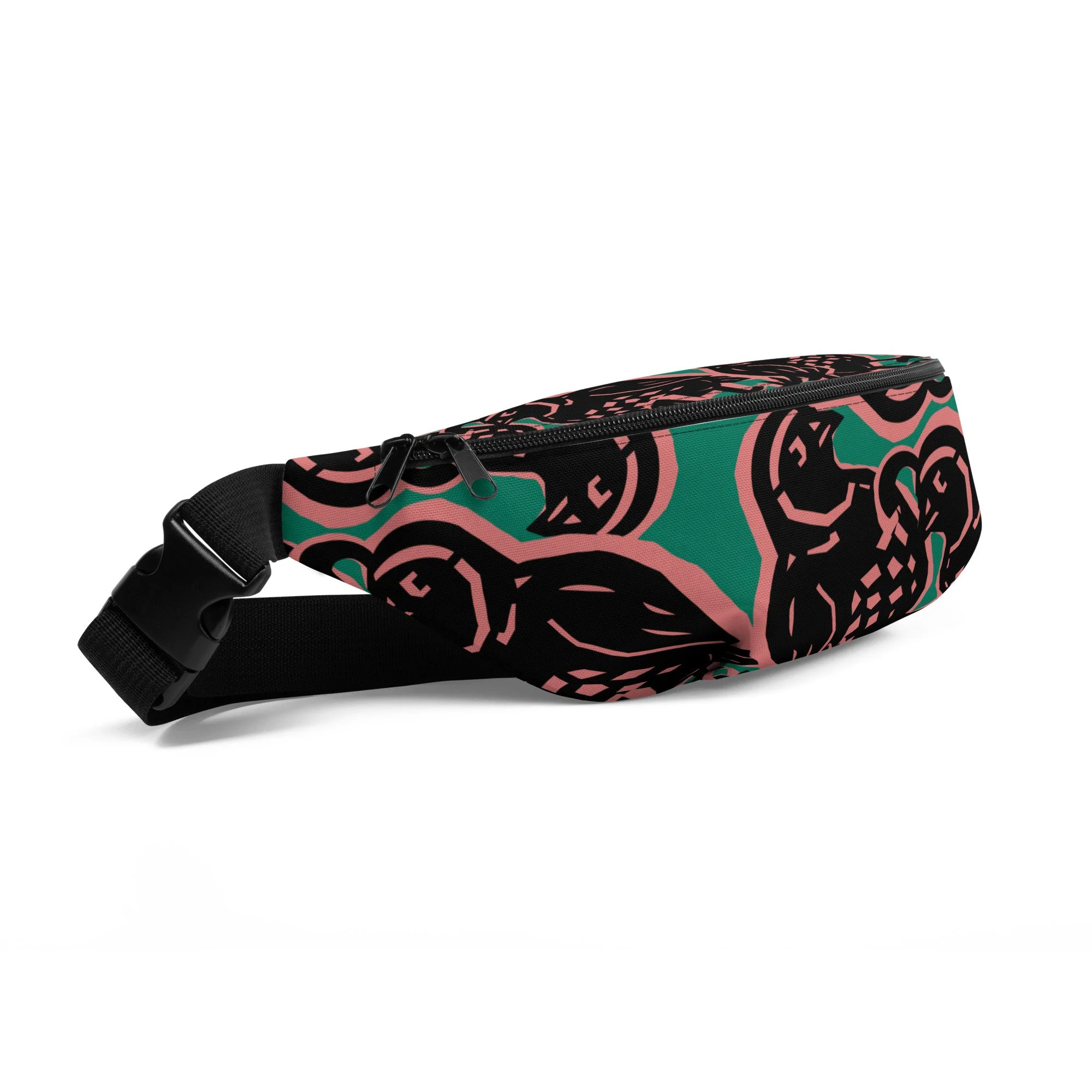 Colorful patterned waist bag with black, pink, and green abstract design and zipper closure, isolated on white background.
