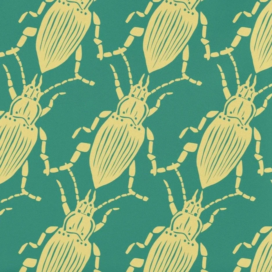 Pattern of yellow beetles on a teal background.