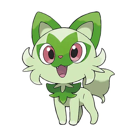 Cartoon green fox with pink eyes and fluffy fur, smiling.