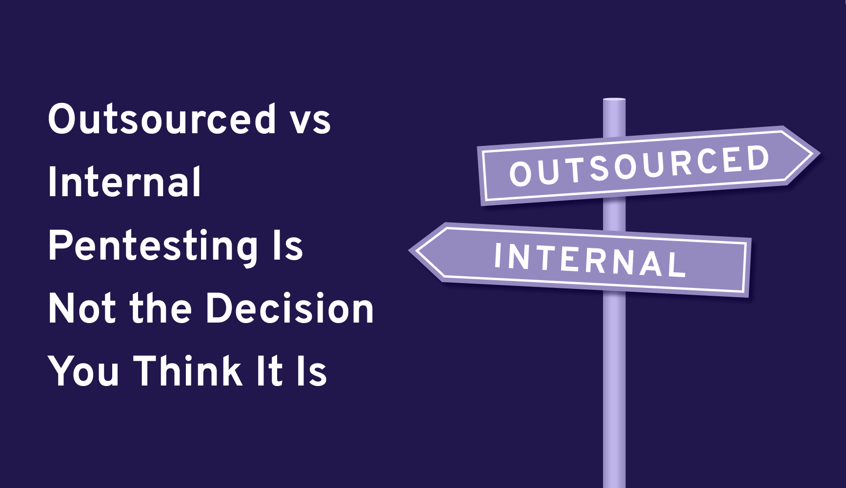 A signpost with two arrows marked 'Outsourced' and 'Internal' against a dark blue background, alongside white text that discusses outsourcing versus internal decision-making.