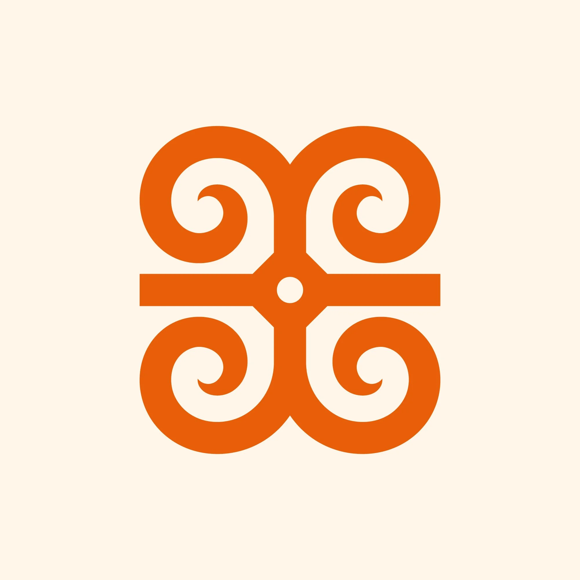 An orange abstract design resembling a stylized face with symmetrical swirls and circular shapes on a light beige background.