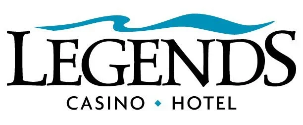 Logo for Legends Casino & Hotel with stylized blue wave above the text.