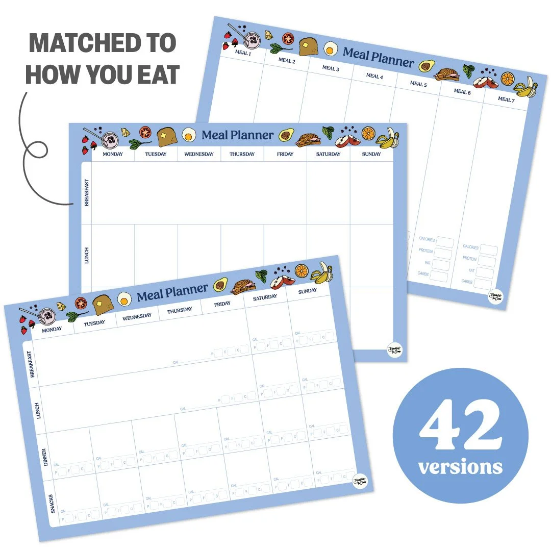 Three Breakfast for Dinner meal planner layouts, labelled “Matched to how you eat” and “42 versions”