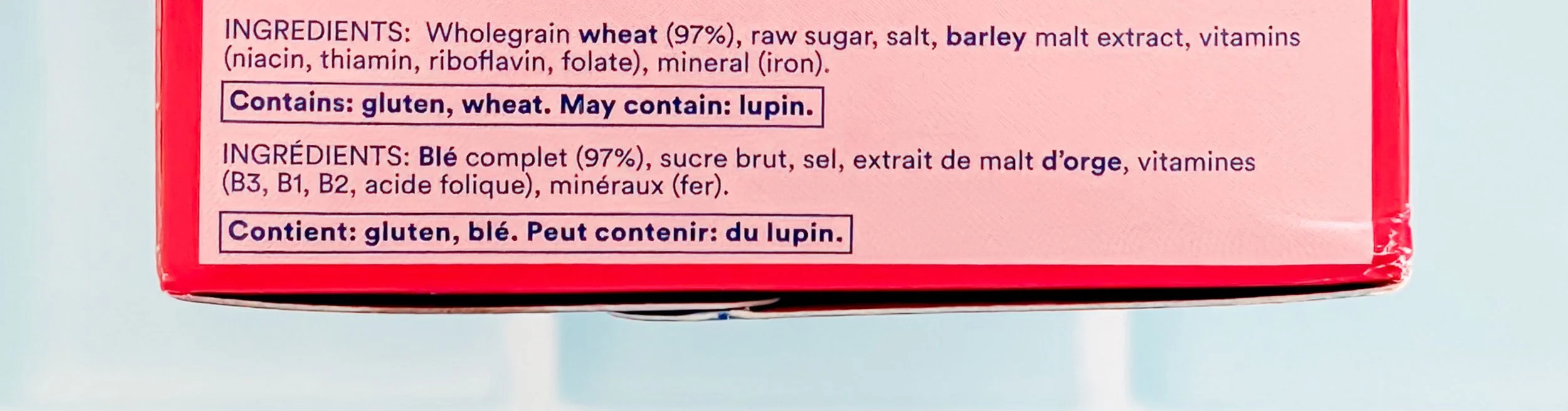 Weet-Bix ingredients list showing wholegrain wheat 97% and allergen statement containing gluten and wheat