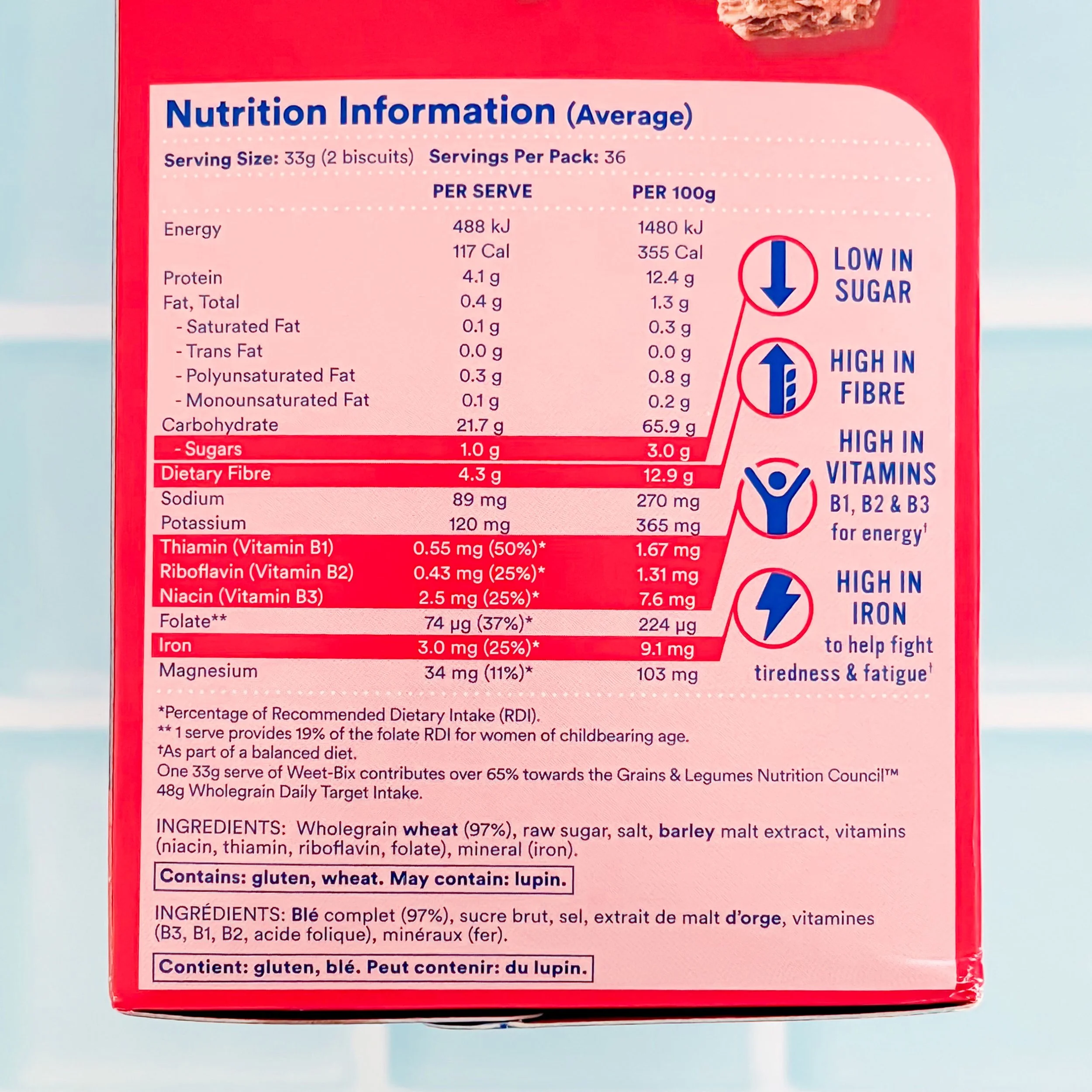 Close-up of the Weet-Bix nutrition information panel showing per serve and per 100g values for energy, protein, fat, carbohydrates, fibre and sodium