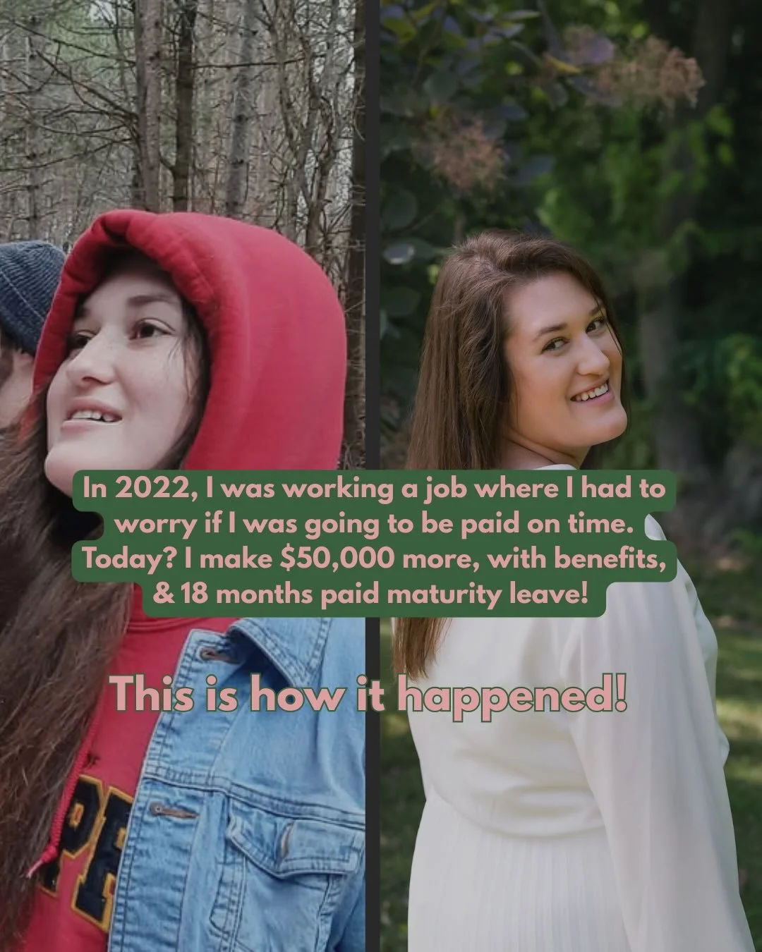 In 2022, I stressed about whether my paycheck would come through. 

Today? I make $50K more with full benefits and 18 months paid maternity leave.

Here&rsquo;s how I did it:

I was burnt out at 25, working at a shady education company with no traini