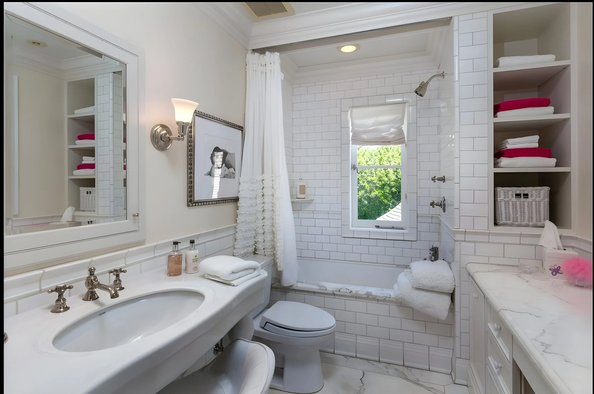 A bright white bathroom with a large mirror, a white sink, and wall-mounted light fixtures. There are shelves with folded towels on the right, a window letting in natural light, and a bathtub surrounded by white subway tiles. Towels and toiletries are arranged on counters and shelves.