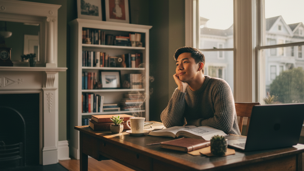 A young man studies at a wooden desk near large windows in a cozy living room, with a laptop, books, a mug, and a potted plant.