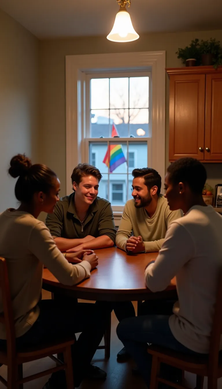 Four people sit around a wooden table in a kitchen, having a conversation and smiling. A window with a rainbow pride flag is visible in the background. The room is lit by a ceiling light.