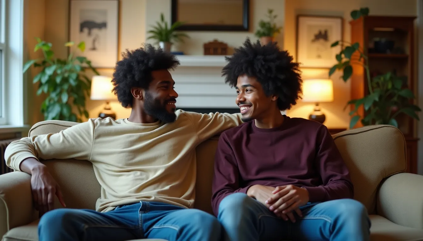 Two young men with curly hair and dark skin sitting on a beige couch, smiling and talking to each other in a warmly lit living room with plants and framed photos in the background.