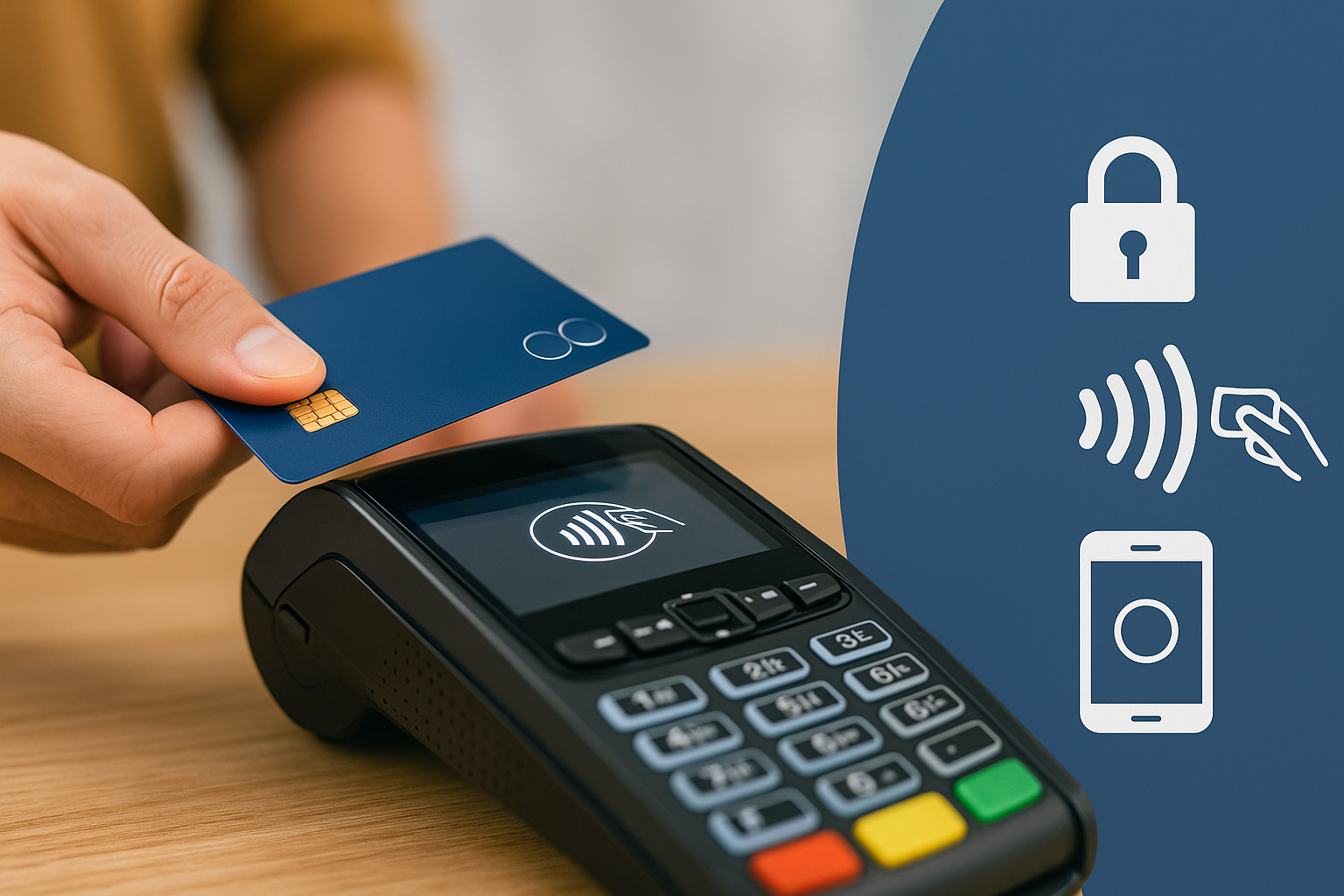 A person holding a blue credit card near a contactless payment terminal with a smartphone icon and lock symbols on a digital display.