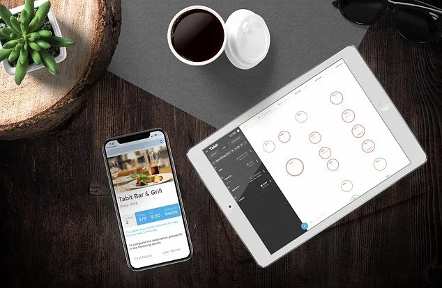 A tablet, a smartphone, a cup of coffee, sunglasses, and a small plant on a wooden table.