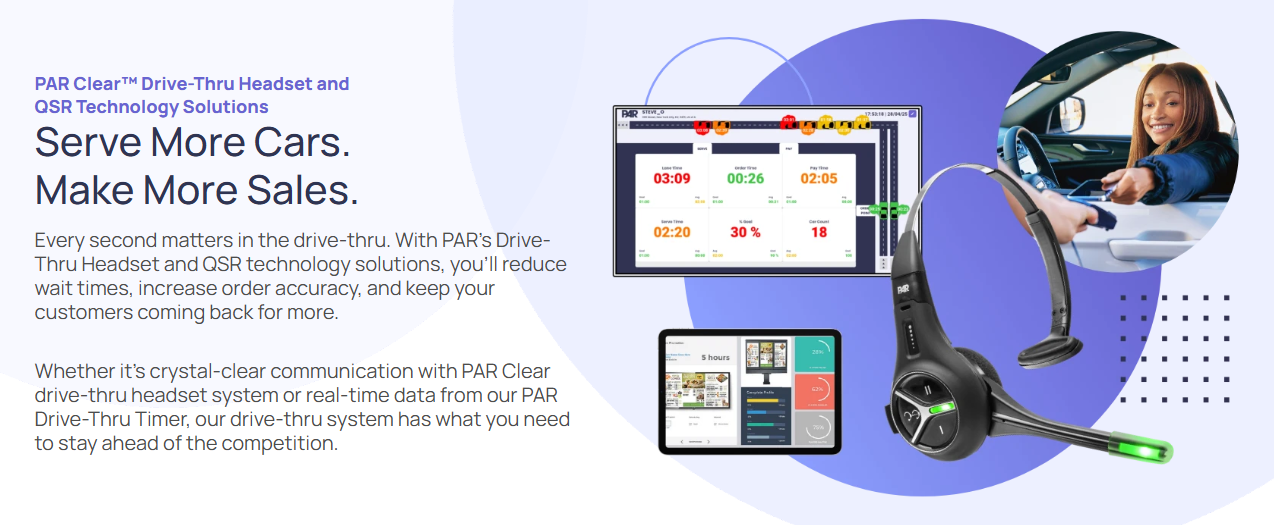 Advertisement for PAR Clear drive-thru headset and QSR technology solutions, featuring a headset with a microphone and a woman at a drive-thru window, with screens displaying data and management tools.