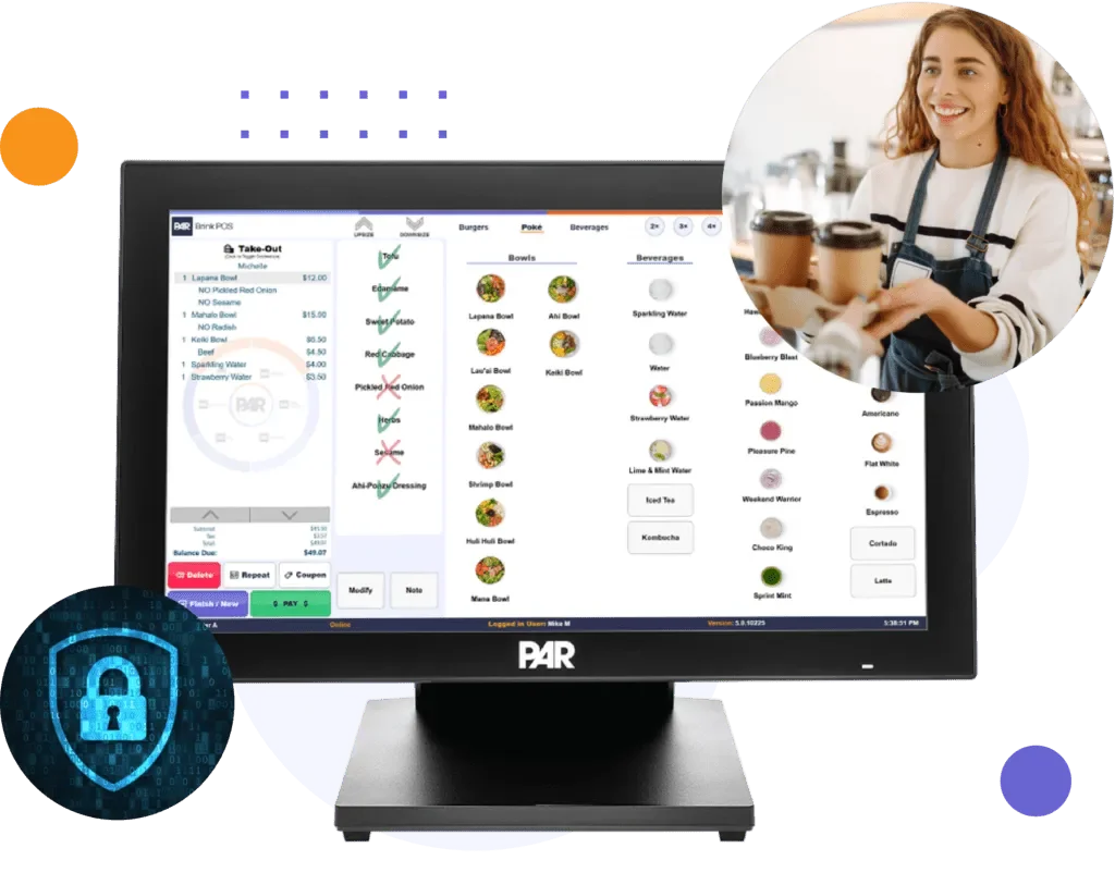 A point of sale system screen for a restaurant shows a digital menu and order management interface, with a woman delivering drinks smiling in a smaller inset image.