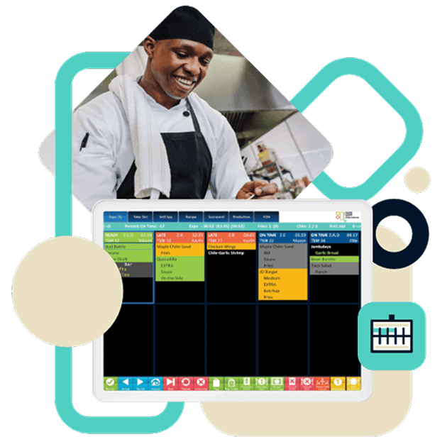 A chef in a black hat and apron smiling in a professional kitchen with a towel around his neck, and a digital restaurant order management screen with various colored sections and icons.