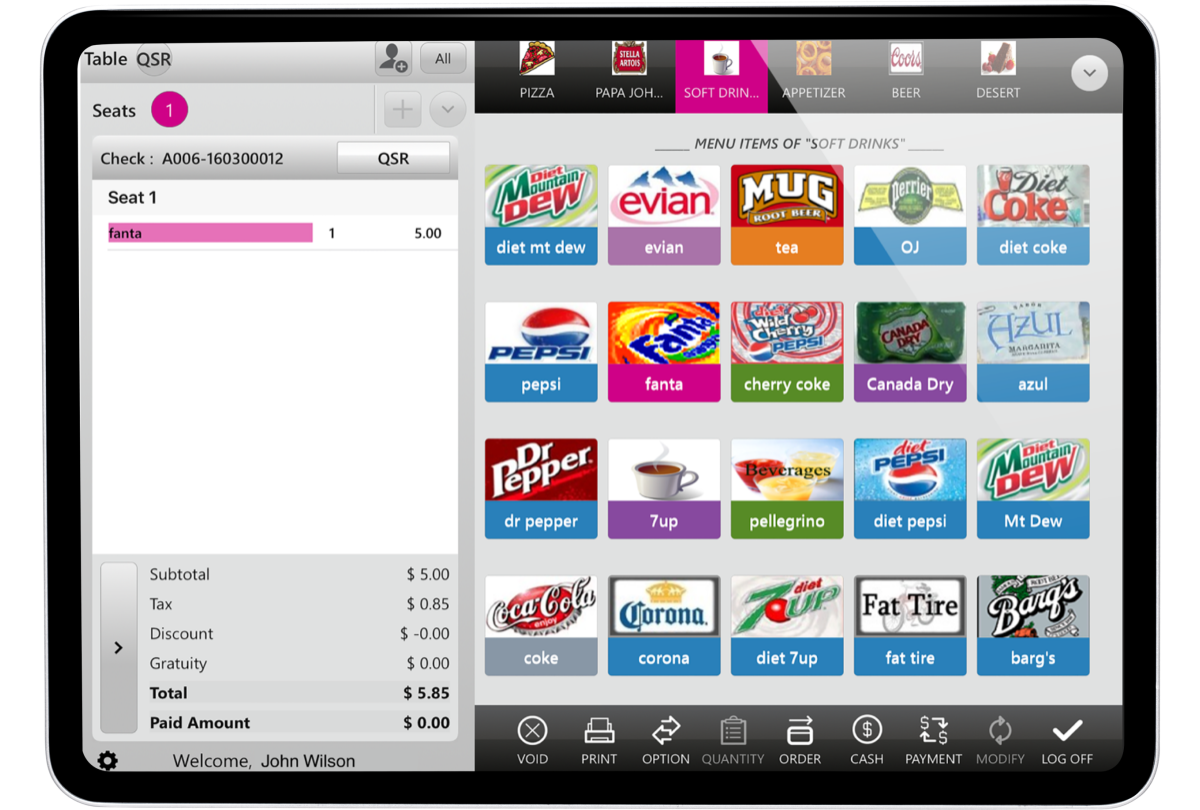 Touchscreen point of sale system displaying soft drinks menu with various soda brands and flavors, subtotal, tax, total, and transaction details.