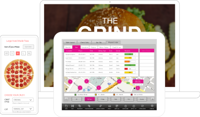 Screenshots showing a pizza ordering interface with options for customizing a large hand-tossed pizza, a pizza ingredient list, and delivery tracking using a map with markers.