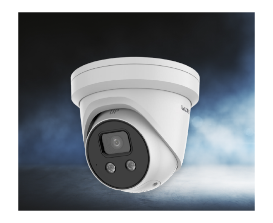 White security camera with black lens and two small lights, mounted on a dark surface against a smoky background.