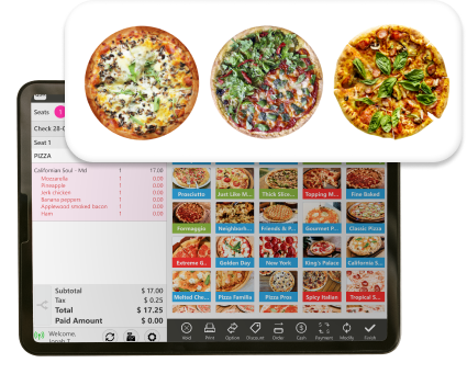 Three pizzas with different toppings on a digital ordering screen.